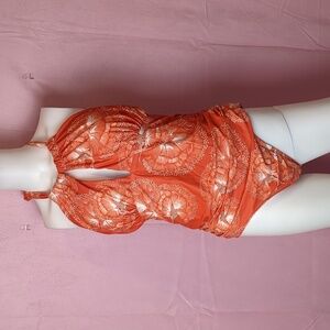 Orange Floral Halter Neck Backless Ruched One Piece Swimsuit size XXL